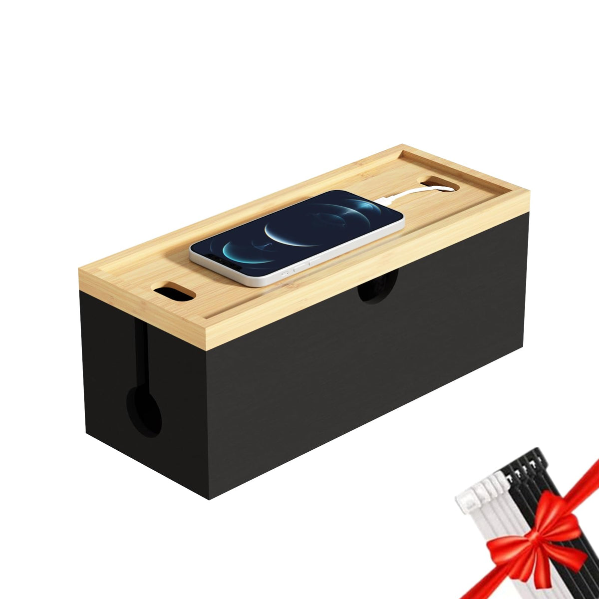 Bamboo Cable Management Box with Magnetic Lid, Medium, Black