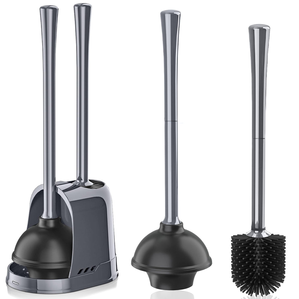 Toilet Plunger and Silicone Brush Set with Ventilated Holder, Gray