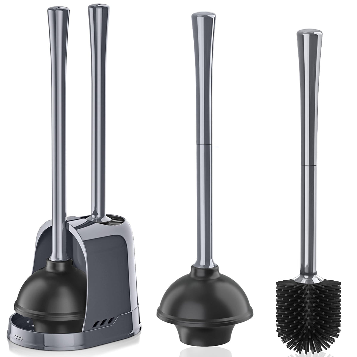 Toilet Plunger and Silicone Brush Set with Ventilated Holder, Gray