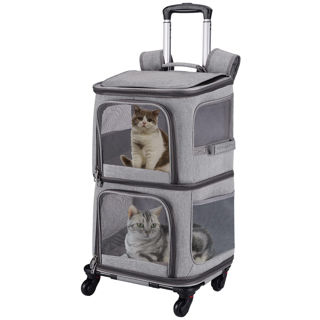Rolling Double Pet Carrier Backpack with Wheels for 2 Pets, Grey