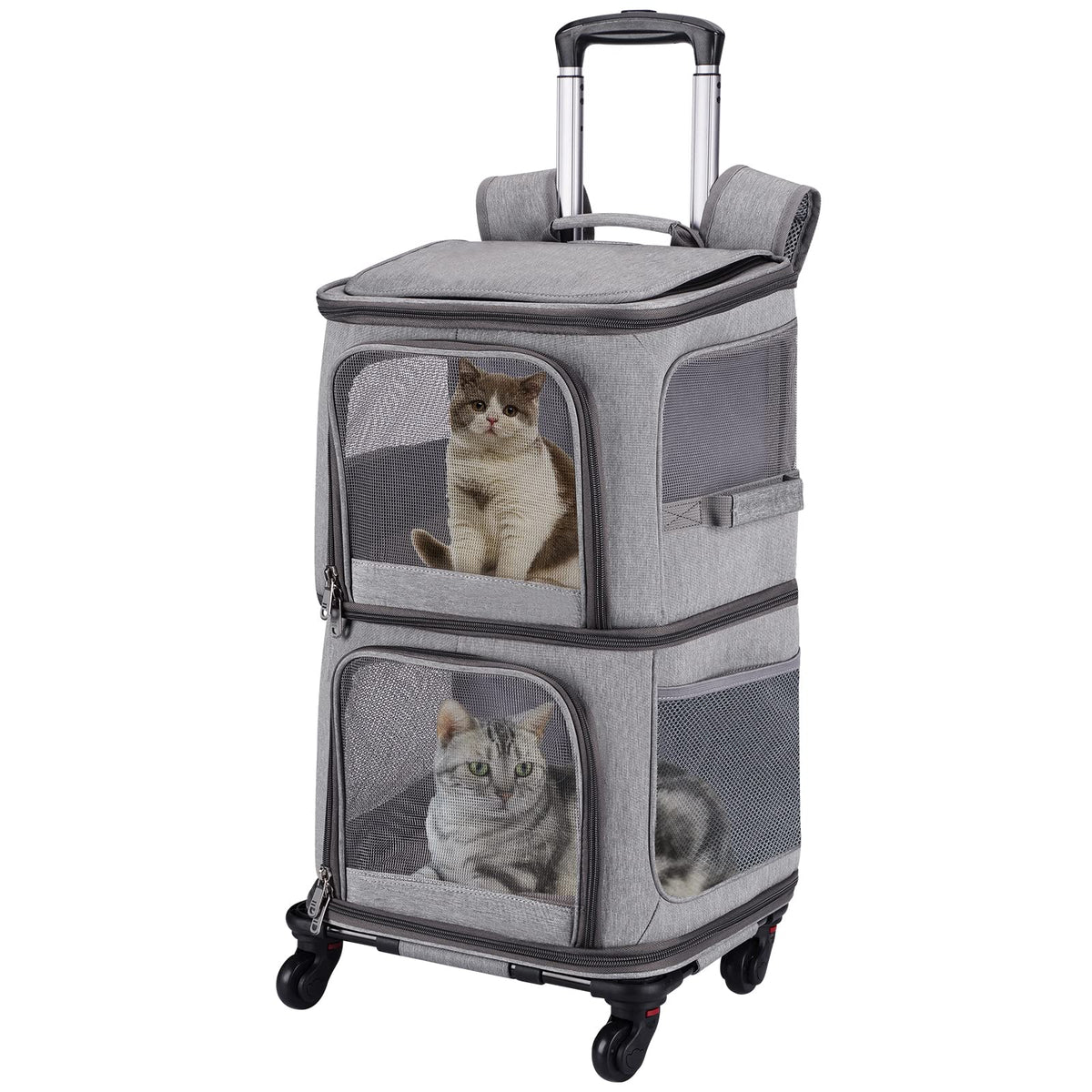 Rolling Double Pet Carrier Backpack with Wheels for 2 Pets, Grey