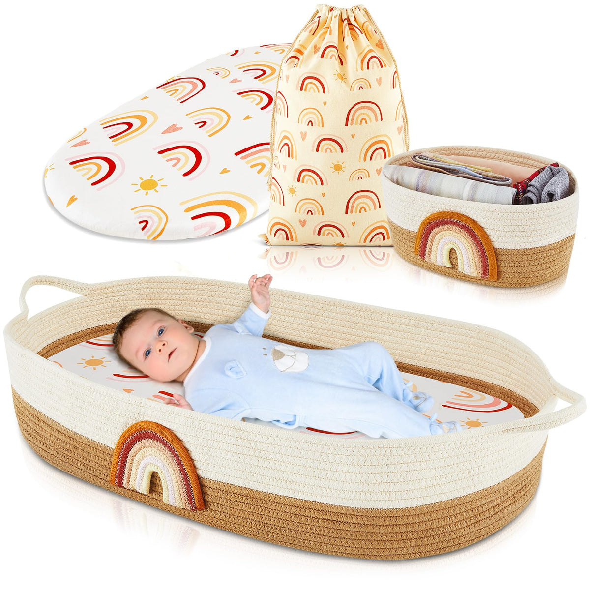 Cotton Rope Baby Changing Basket Set with Foam Pad, Rainbow