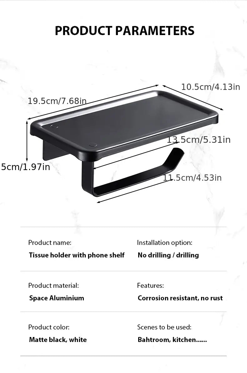 No-Drill Aluminum Towel and Toilet Paper Holder, Black or White