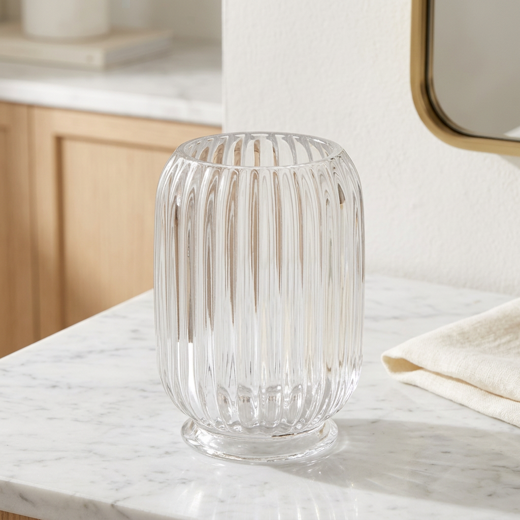 Clear Glass Striped Vase Makeup Brush Holder, Vintage Style