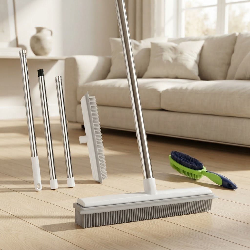 Dual-Sided Rubber Pet Hair Broom with Squeegee and Steel Handle