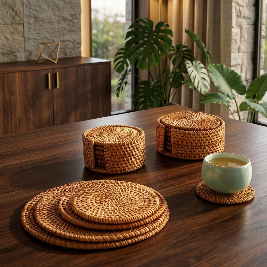 Hand-Woven Rattan and Bamboo Trivet Mats, 8 to 20 cm