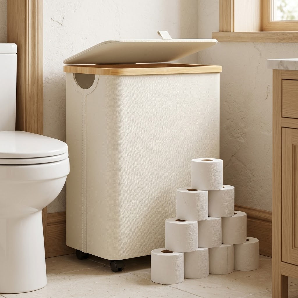32L Natural Fiber Toilet Paper Storage Basket with Lid, Holds 12-20 Rolls