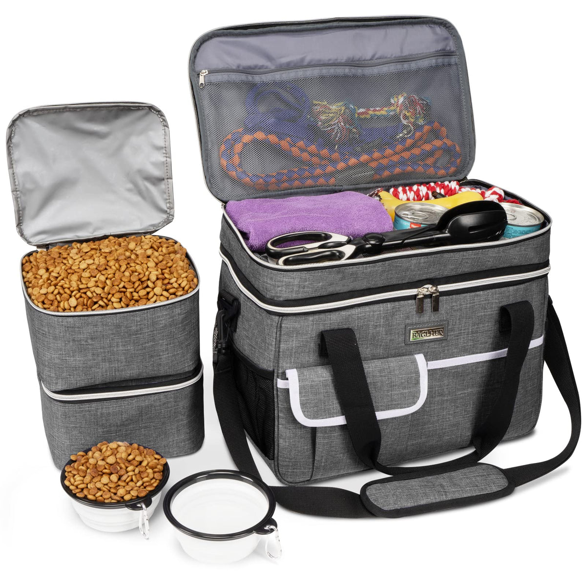 Double-Layer Pet Travel Tote with 2 Food Containers and 2 Bowls