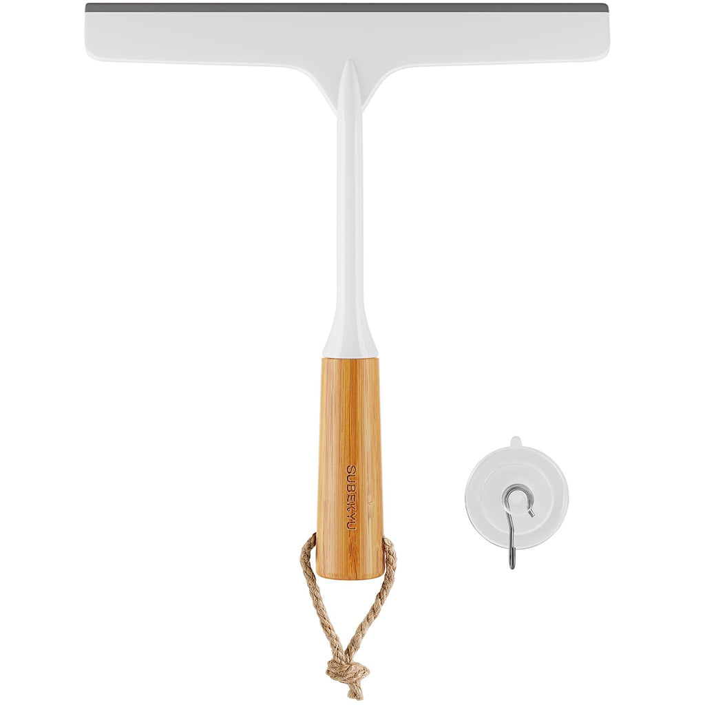 Curved Handle Shower Squeegee with Rubber Blade and Suction Hook, White