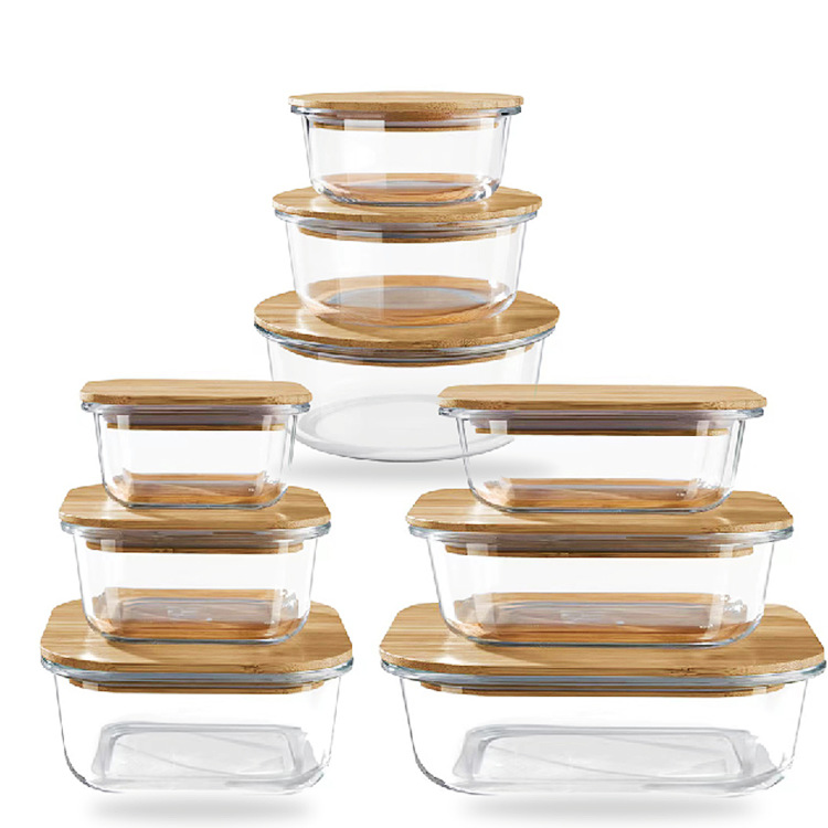 Borosilicate Glass Lunch Box with Bamboo Lid, Multiple Shapes