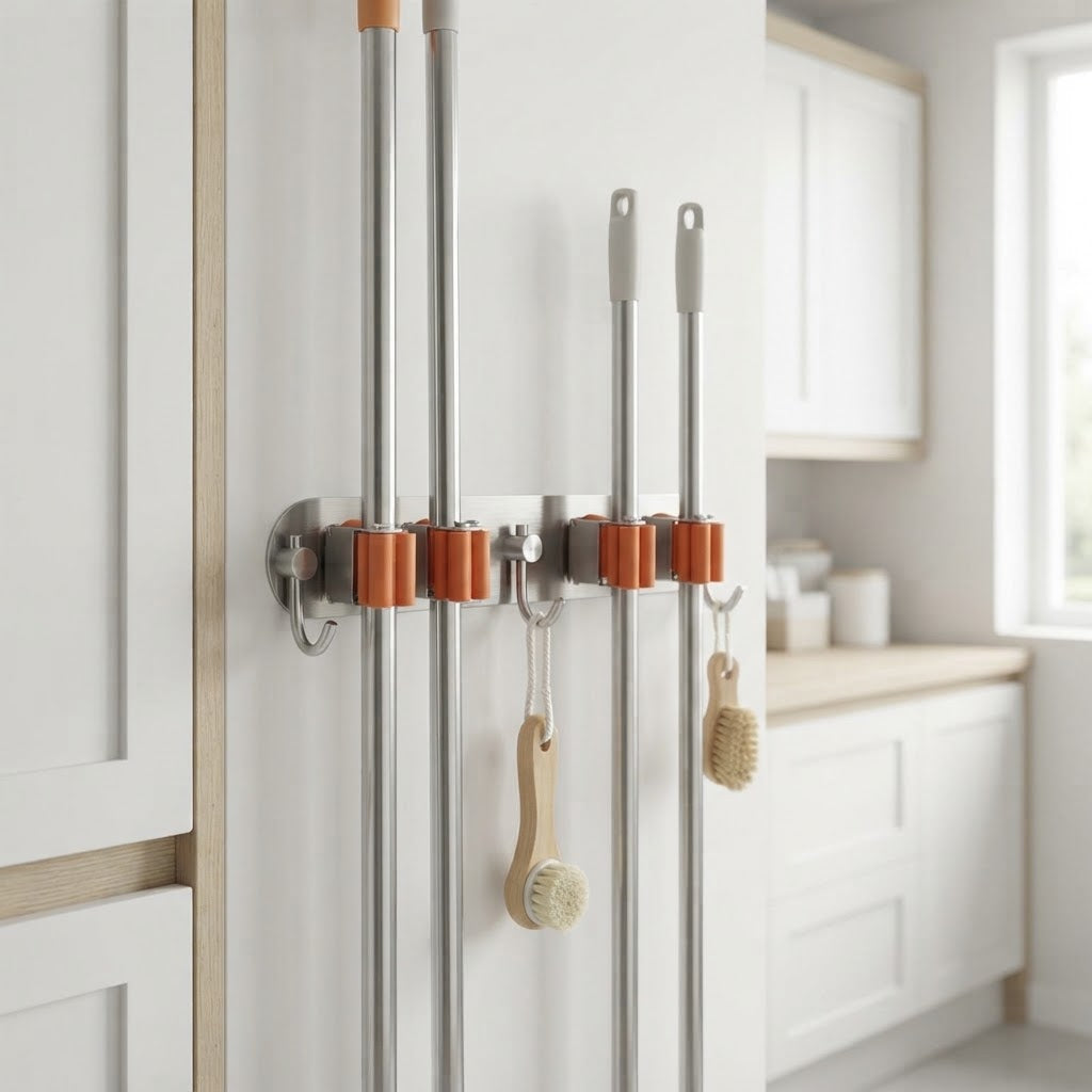 Wall-Mounted Broom and Mop Holder with Grips and Hooks, Orange