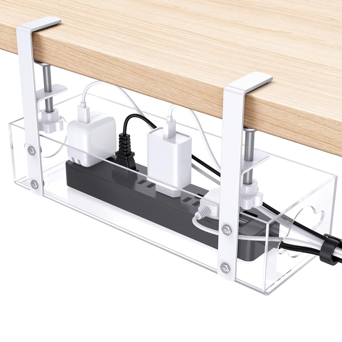 Clear Acrylic Under-Desk Cable Tray with No-Drill Clamps