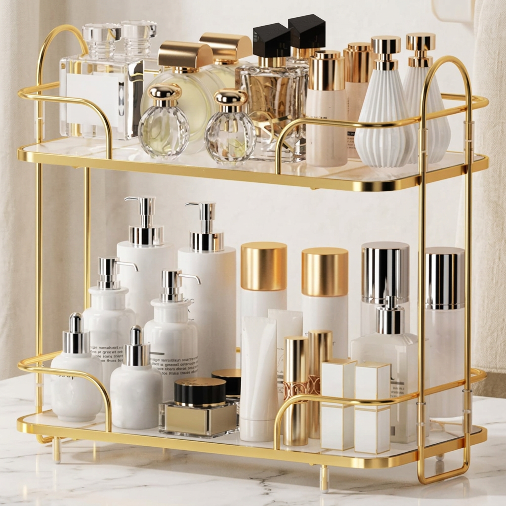 2-Tier Countertop Cosmetic Organizer, Metal Frame, Gold