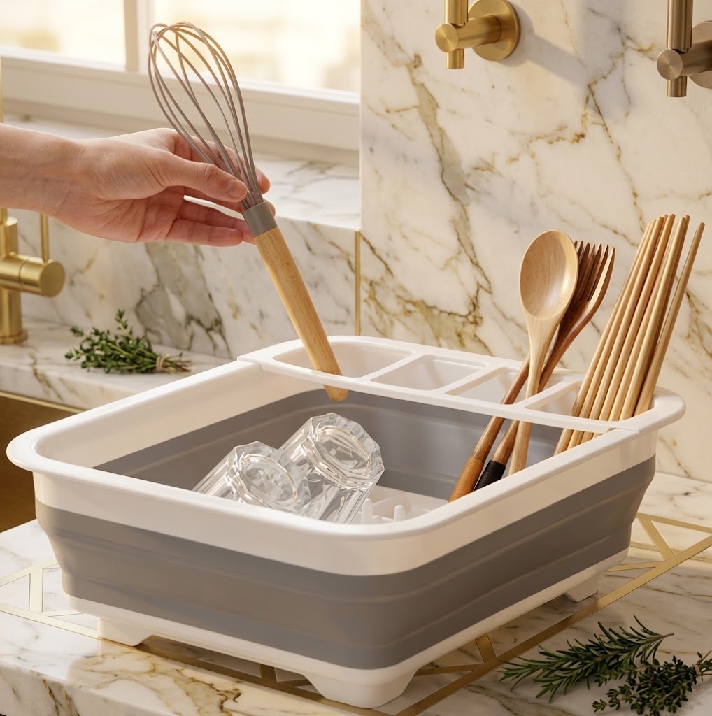 Foldable Dish Drying Rack with Drain, Off-White