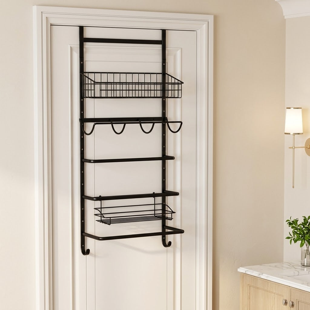 Over-the-Door 5-Tier Towel Rack with Hooks, Basket and Tissue Holder