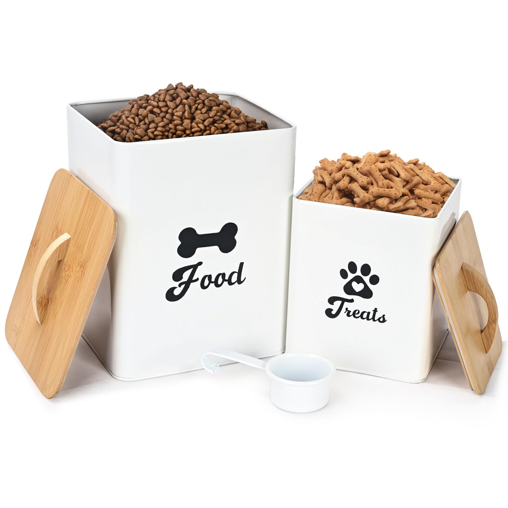 Airtight Metal Dog Treat Tins with Wooden Lids and Scoop, Set of 2