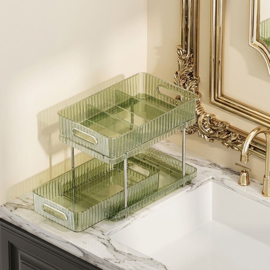 Vertical Countertop Vanity Organizer with Pull-Out Drawer, Vintage Green