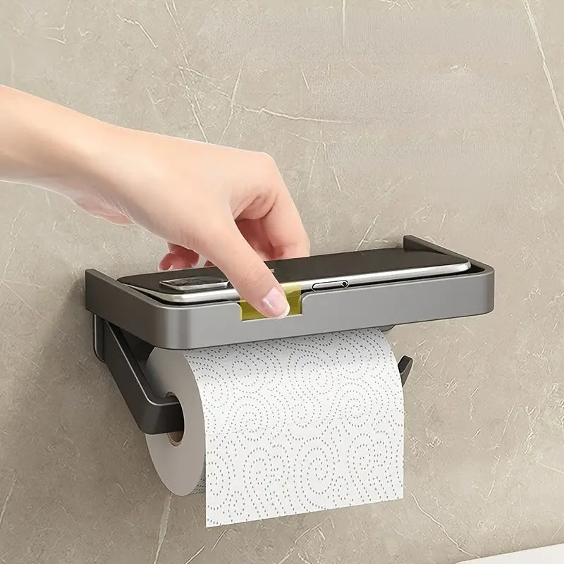 Aluminum Toilet Paper Holder with Phone Shelf, Grey or Black