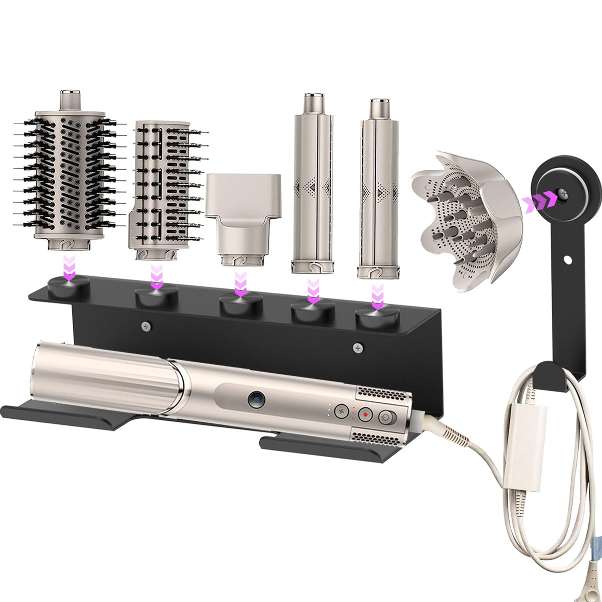 Wall-Mount Metal Holder for Multi-Styler Hair Dryer and Attachments