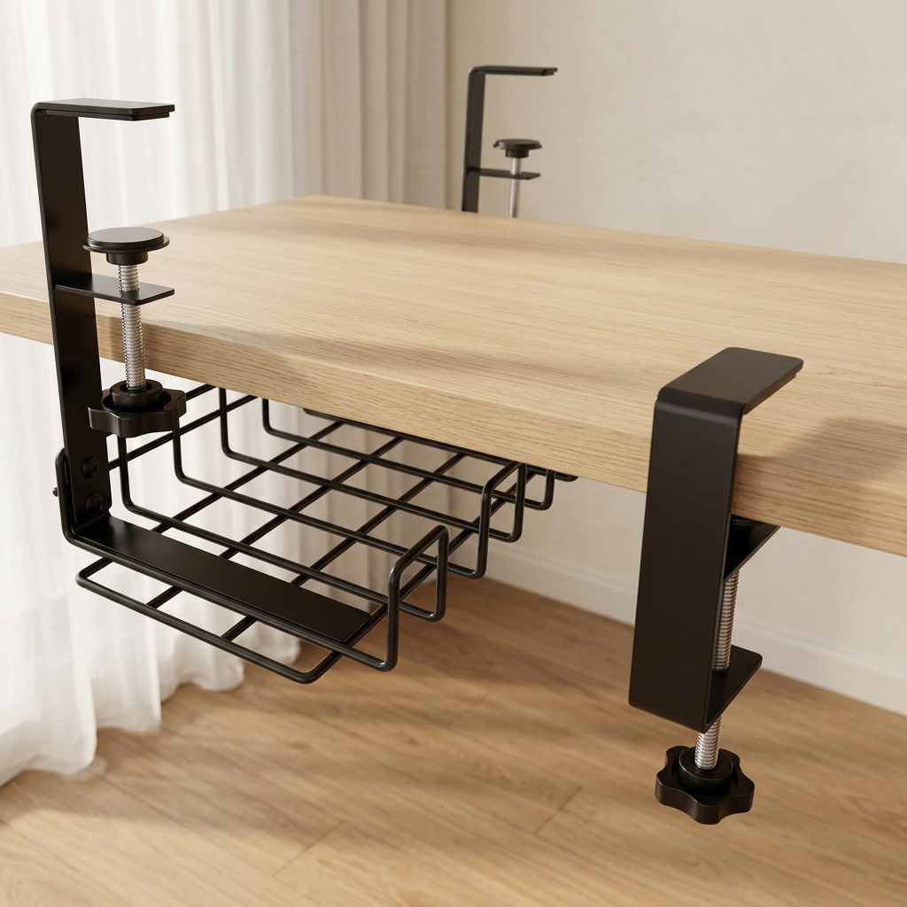 No-Drill Under-Desk Cable Tray with Clamps and Cord Labels, 15.7 in