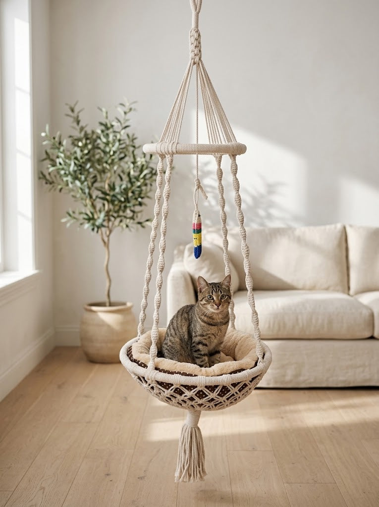 Macrame Hanging Cat Hammock Swing Nest with Pillow, 17.7 in