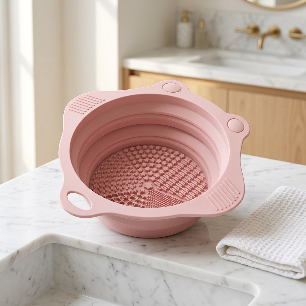 Foldable Silicone Makeup Brush Cleaning Bowl, Portable Scrubber, Pink