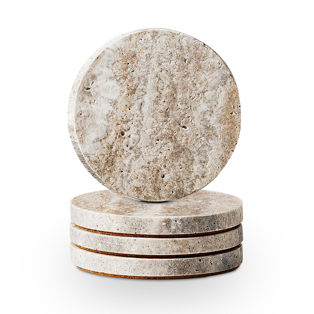 Travertine Stone Coasters with Cork Backing, 4 in, Gray, Set of 4