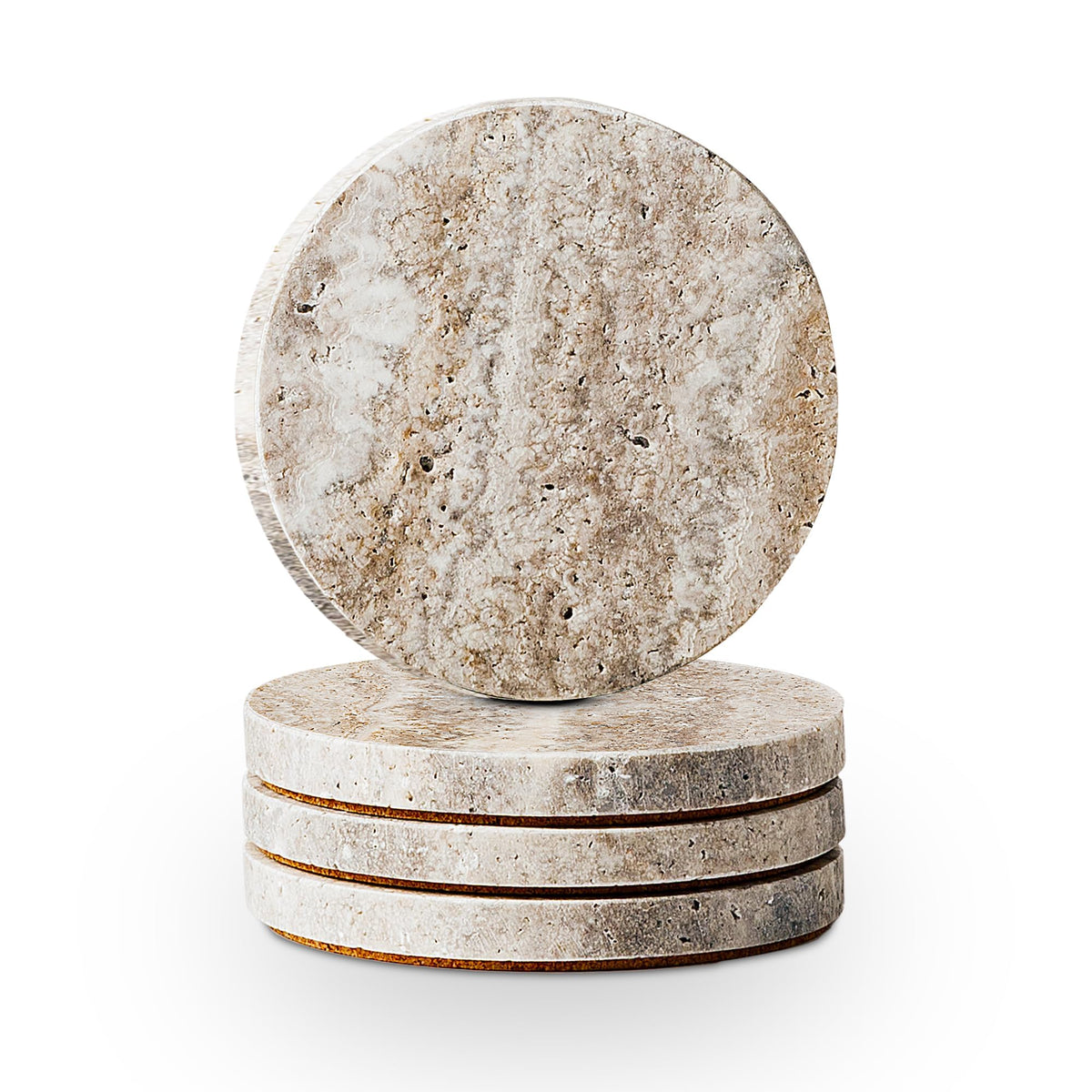 Travertine Stone Coasters with Cork Backing, 4 in, Gray, Set of 4