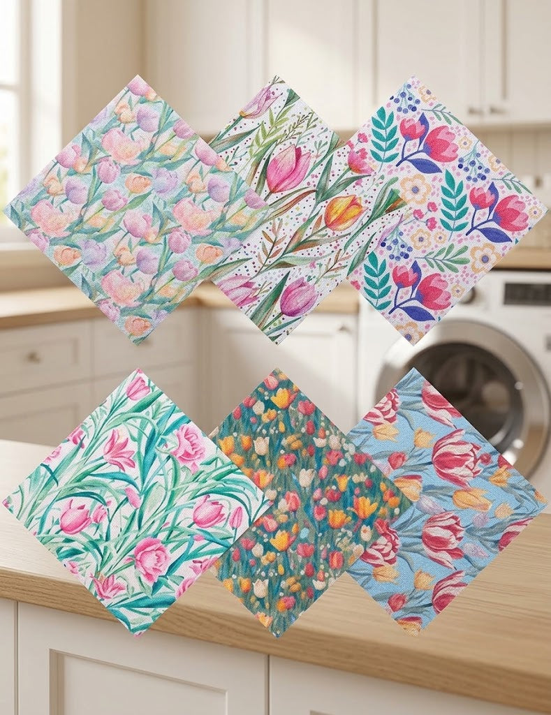 Thick Microfiber Glasses Cleaning Cloths, Tulip Print, 6 Pack
