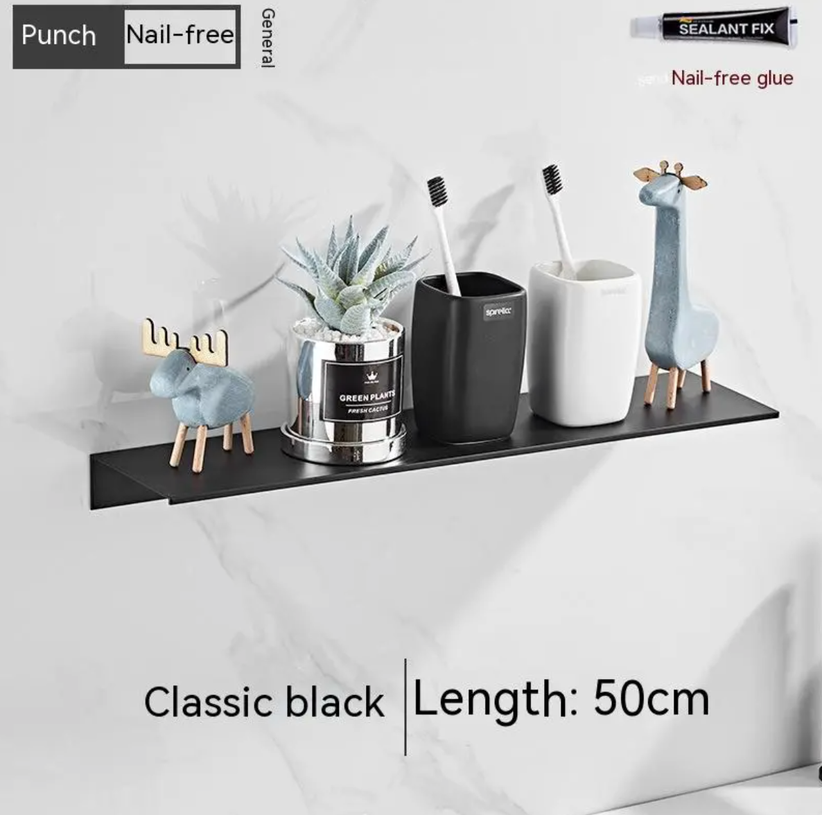 No-Drill Thickened Aluminum Wall Shelf, Holds Up to 15 kg