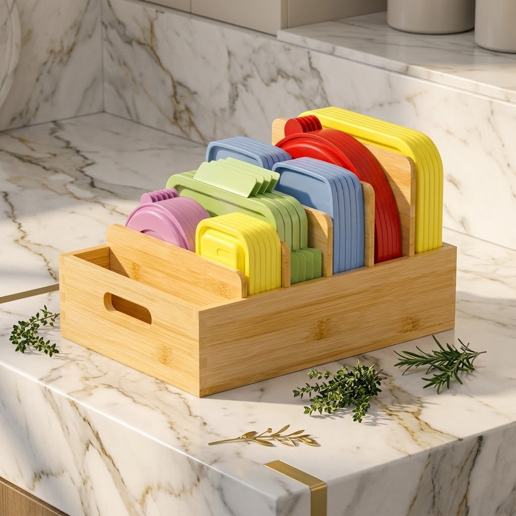 Bamboo Lid Organizer with 5 Adjustable Dividers and Side Handles