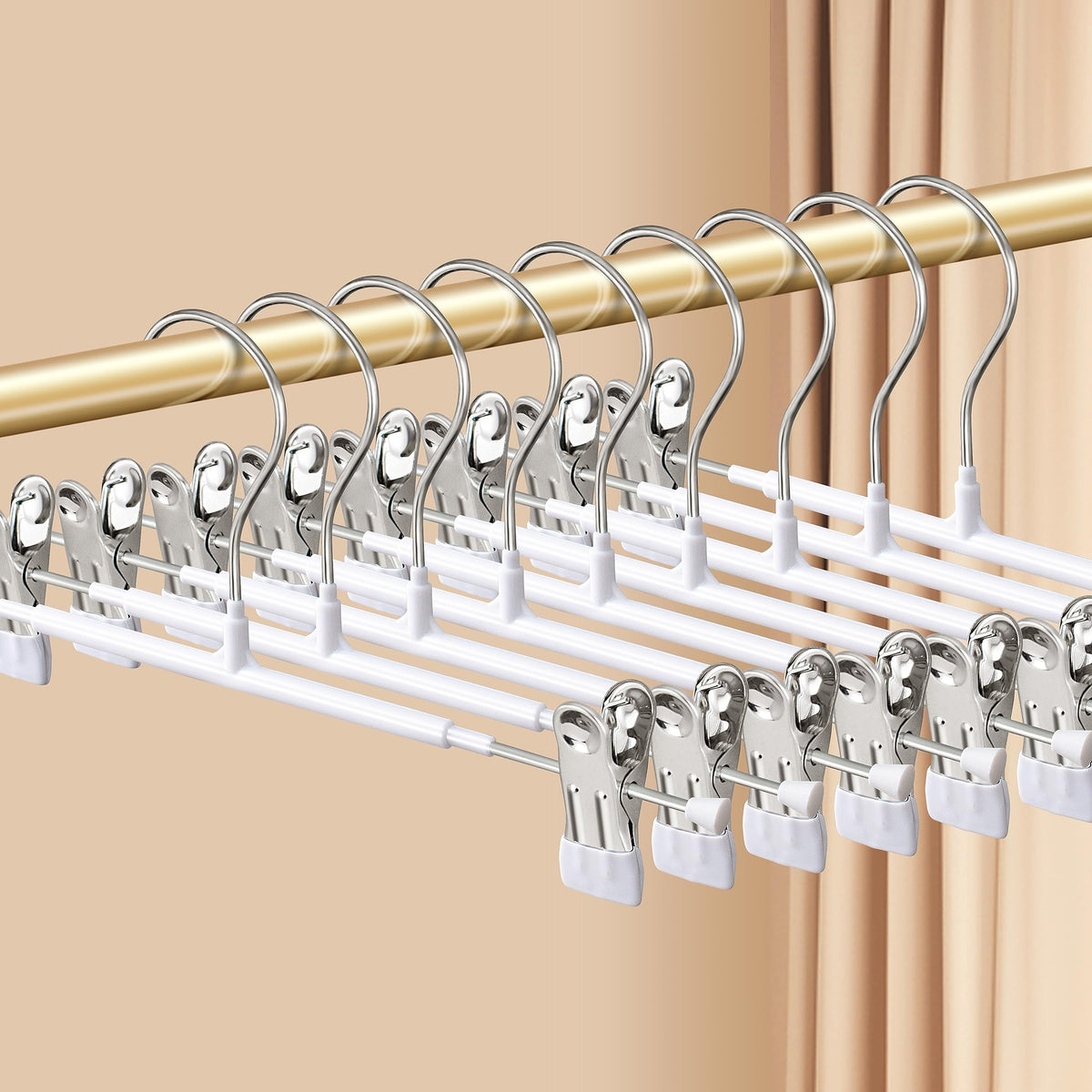 Adjustable Clip Pants Hangers, Non-Slip Metal, 12 in, 10 Pack, White