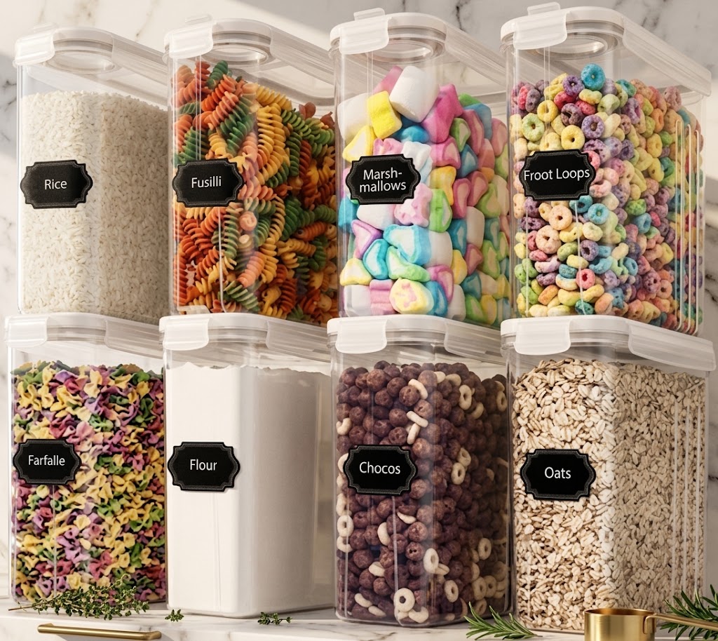 Locking Cereal and Pantry Storage Containers with Labels, 8-Piece