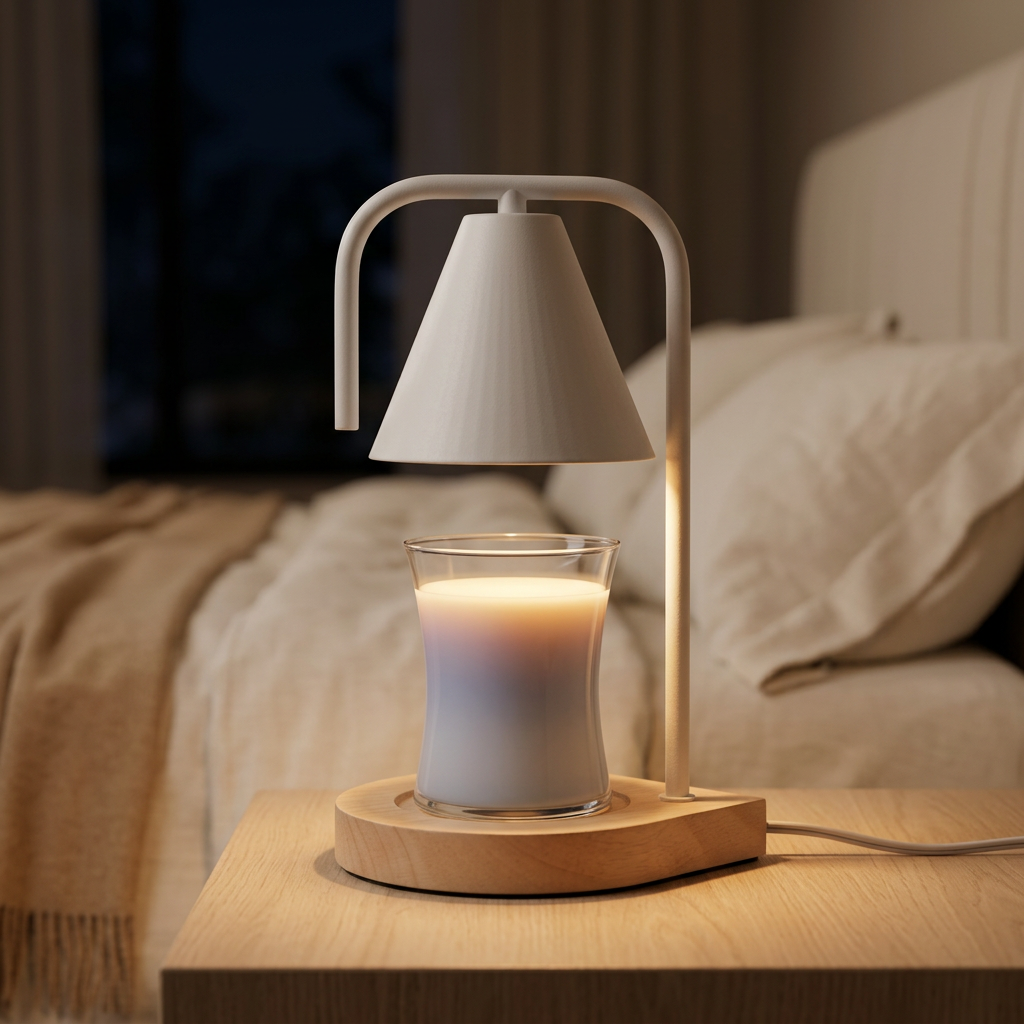 White Candle Warmer Lamp with Timer, Walnut Base and 2 Bulbs