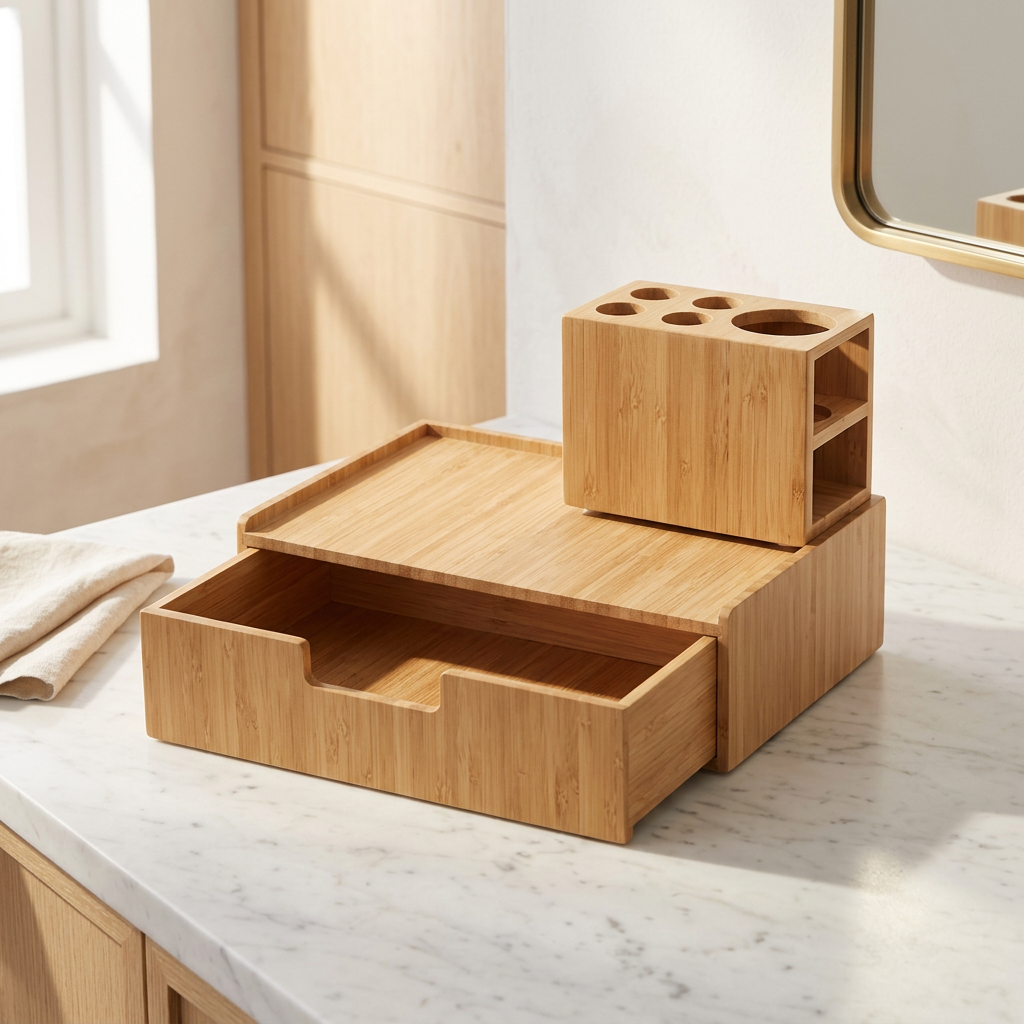Bamboo Makeup Drawer Organizer and 5-Hole Brush Holder Set