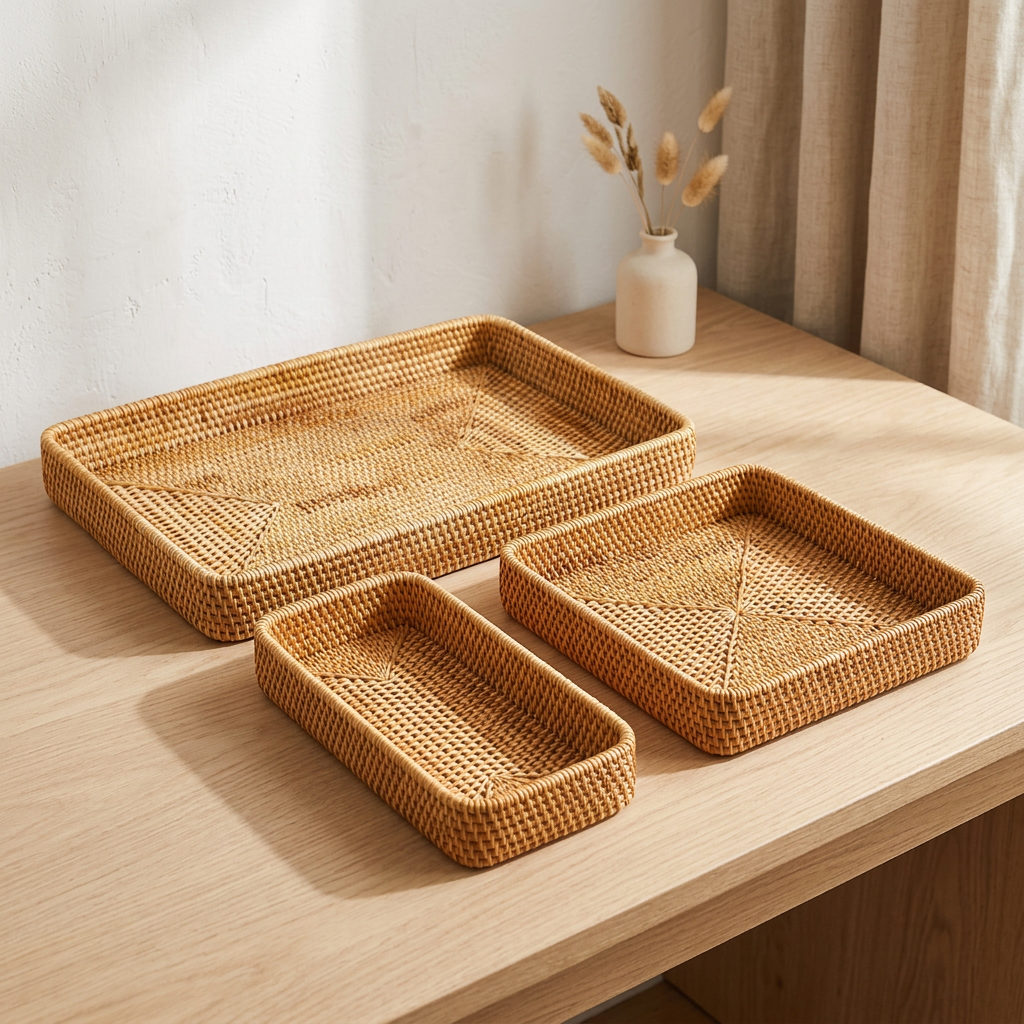 Woven Rattan Desktop Storage Tray, Japanese Style, 4 Sizes