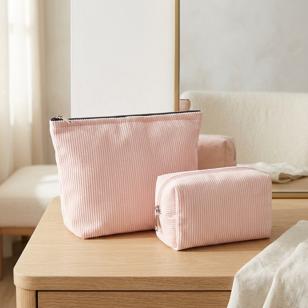 Pink Corduroy Makeup Bag Set of 2, Large and Small