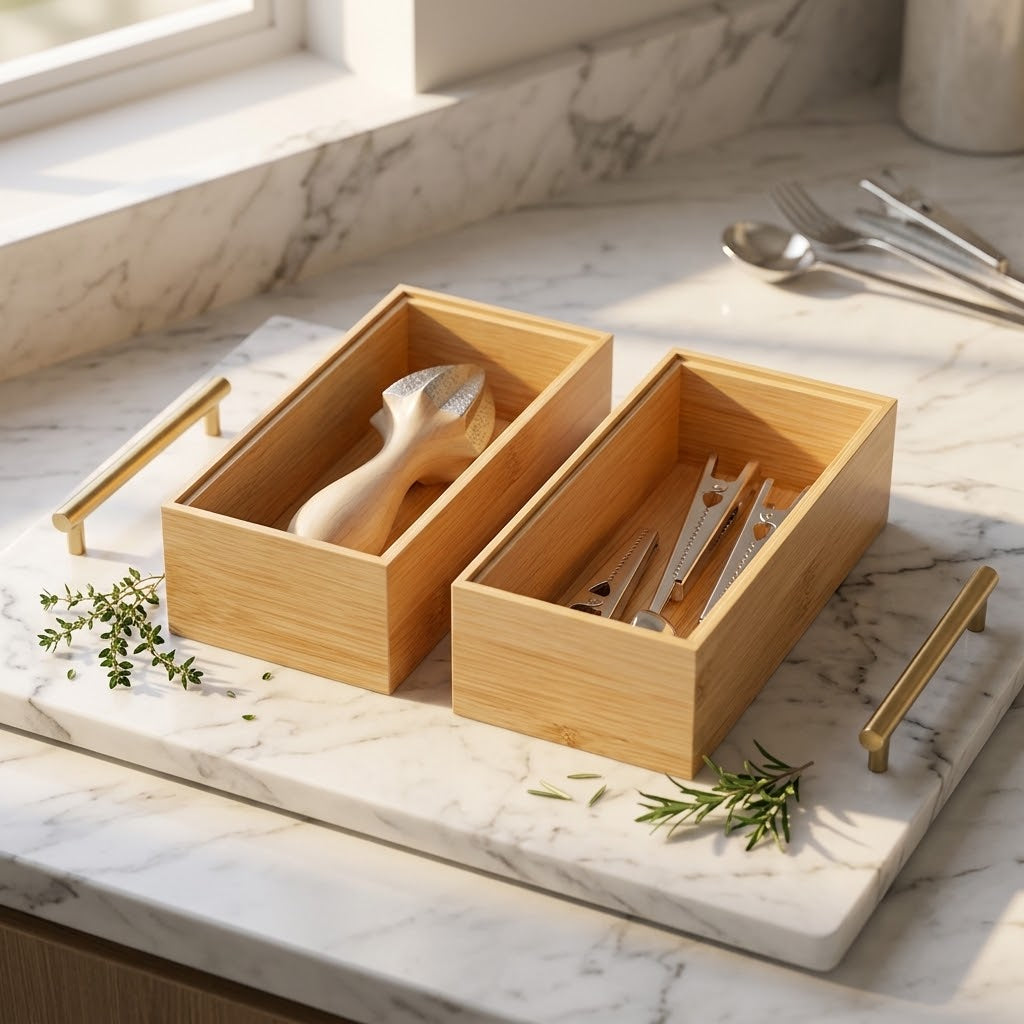Stackable Bamboo Drawer Organizer Trays, 6 x 3 x 2 in, Set of 2