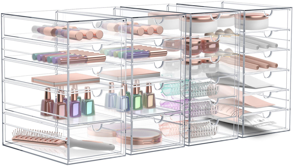 Clear Stackable Makeup Organizer with 22 Drawers, 4-Piece Set