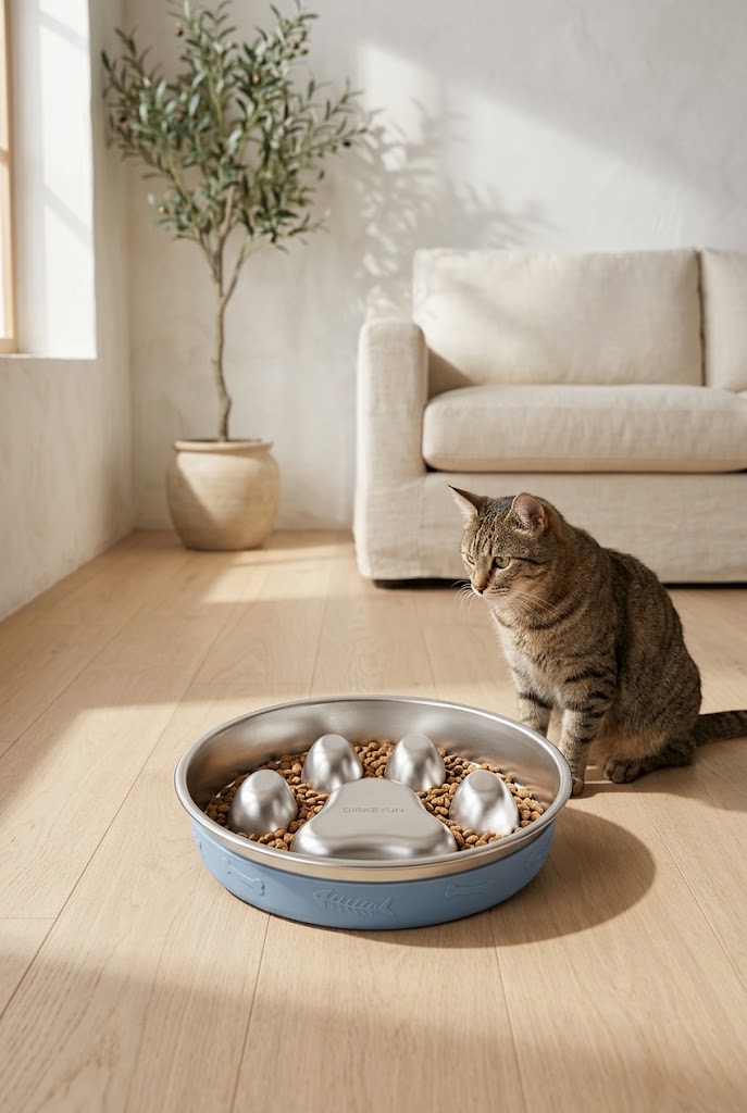 Stainless Steel Slow Feeder Dog Bowl with Paw Ridges, Up to 4 Cups
