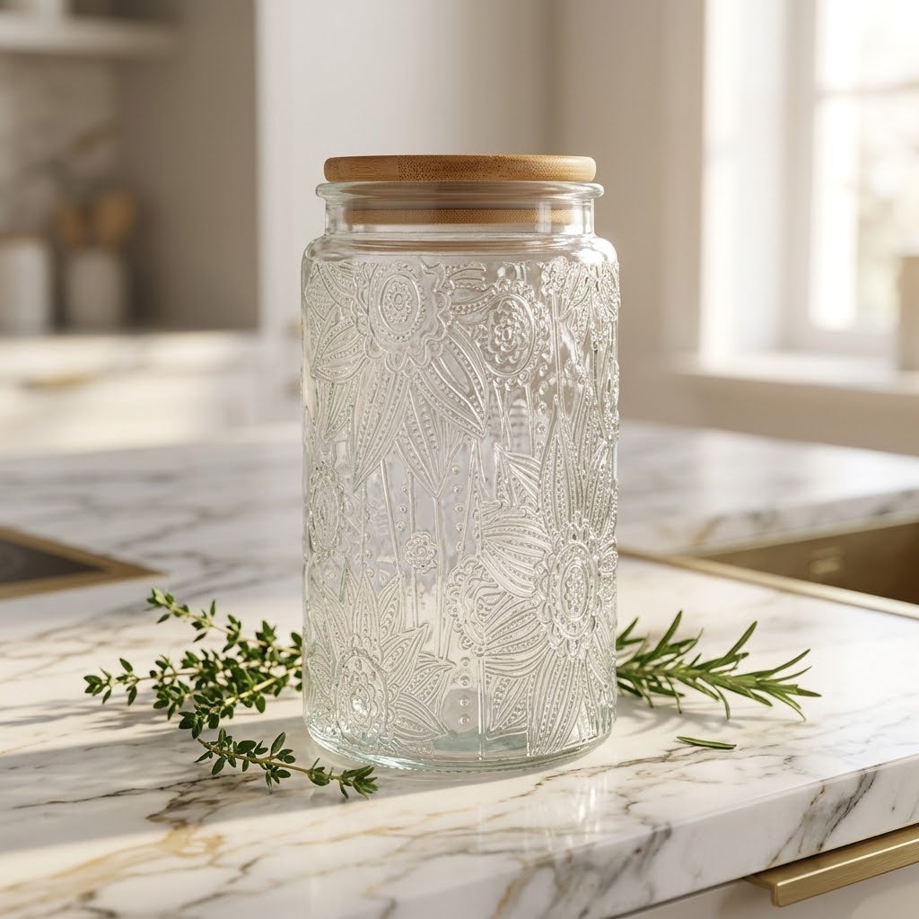 Glass Storage Jar with Bamboo Lid, 35 oz, Sunflower