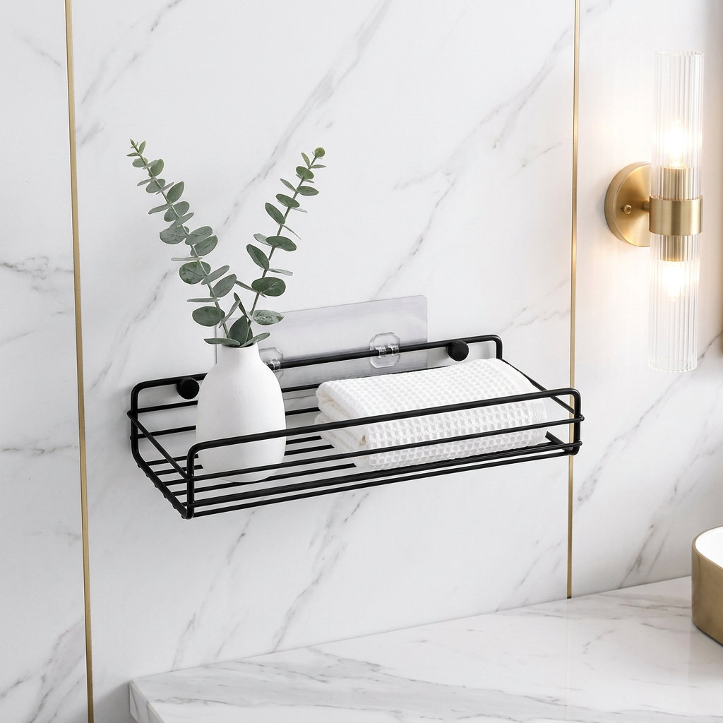 No-Drill Wrought Iron Wall Shelf for Bathroom or Kitchen