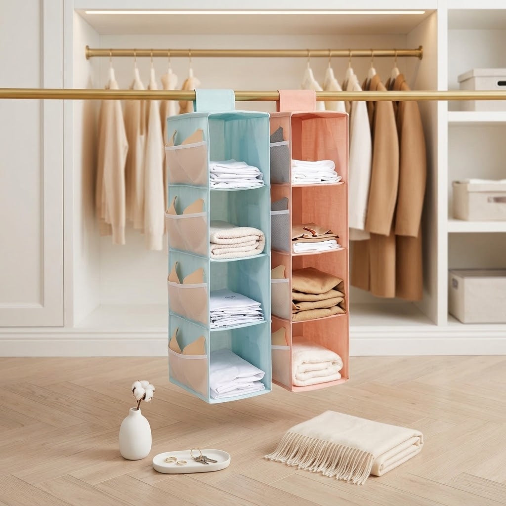 Foldable Fabric Hanging Closet Organizer, Multi-Shelf