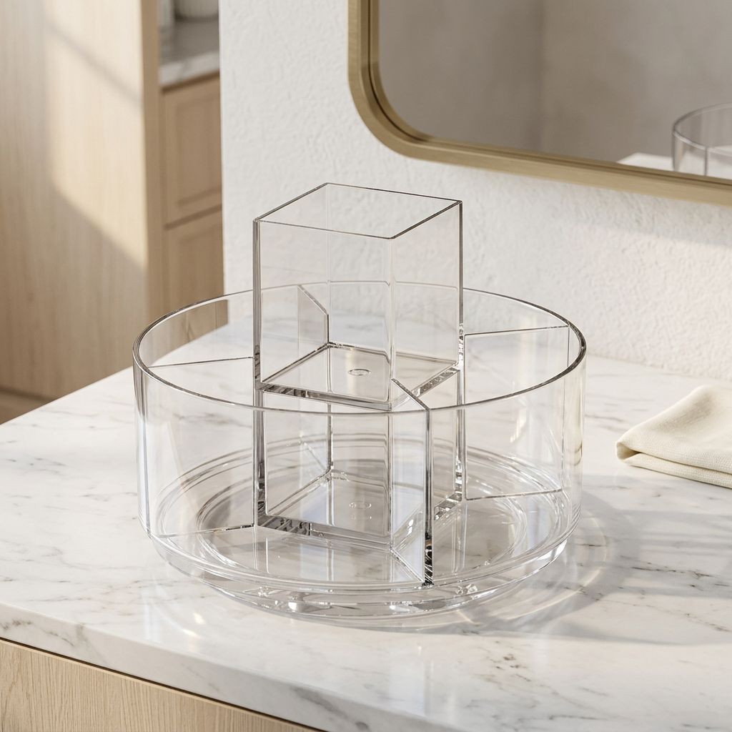 360° Rotating Clear Makeup Organizer with 5 Sections and Brush Holder