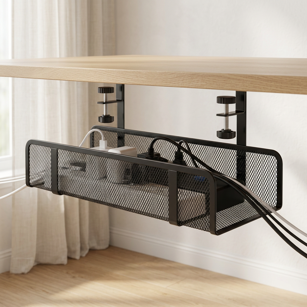 No-Drill Mesh Cable Tray for Two Power Strips, Clamp-On, Black