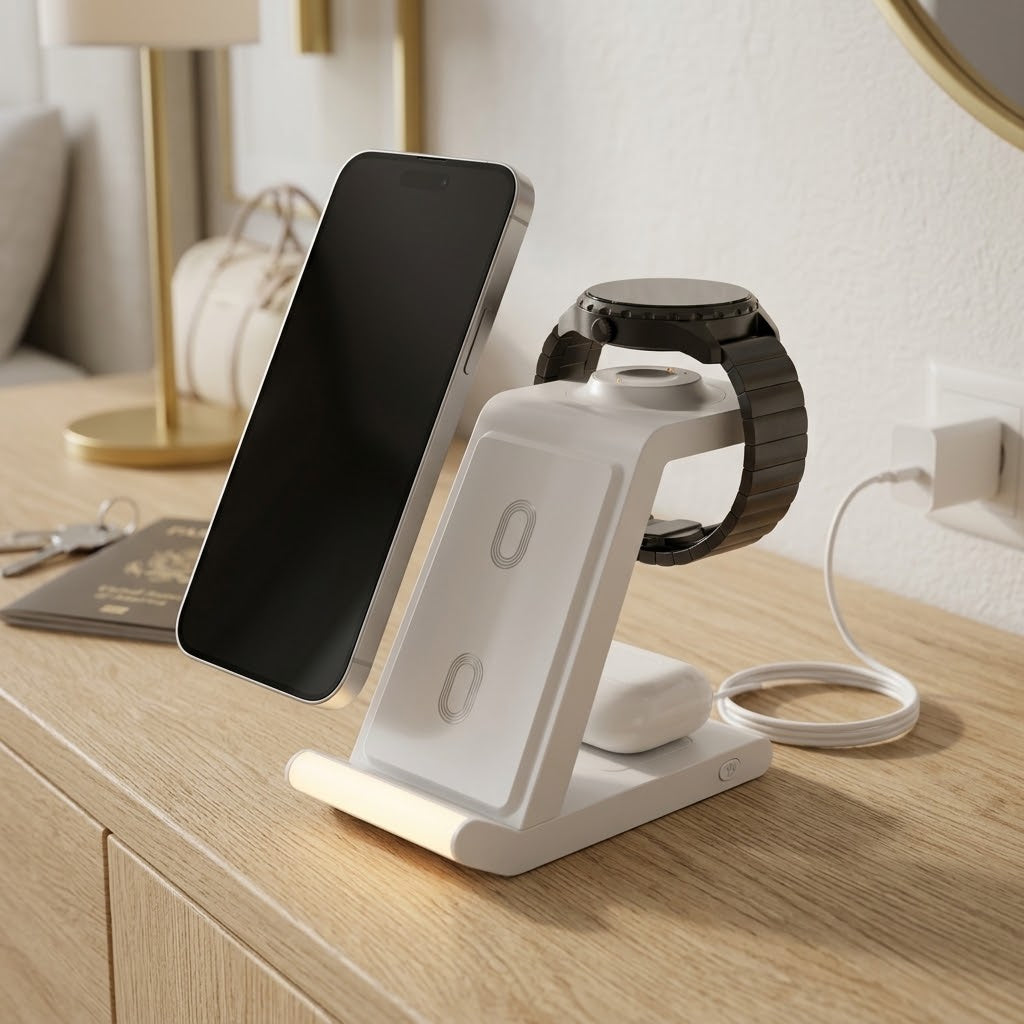 3-in-1 Wireless Charging Station for Phone, Earbuds and Fossil Watch, White