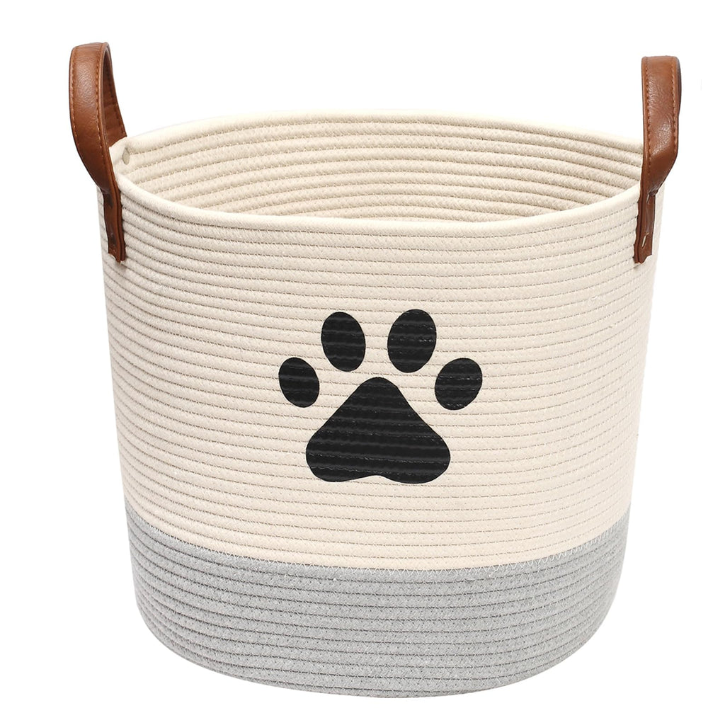 Round Cotton Rope Pet Toy Basket with Handles, White and Grey