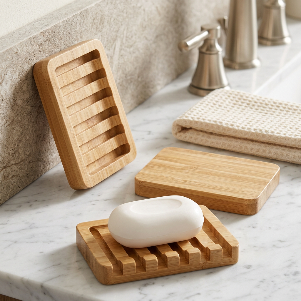 Bamboo Soap Dish with Waterfall Drain, 3 Pack