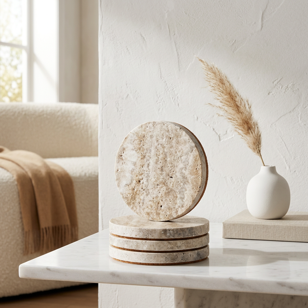 Travertine Stone Coasters with Cork Backing, 4 in, Gray, Set of 4