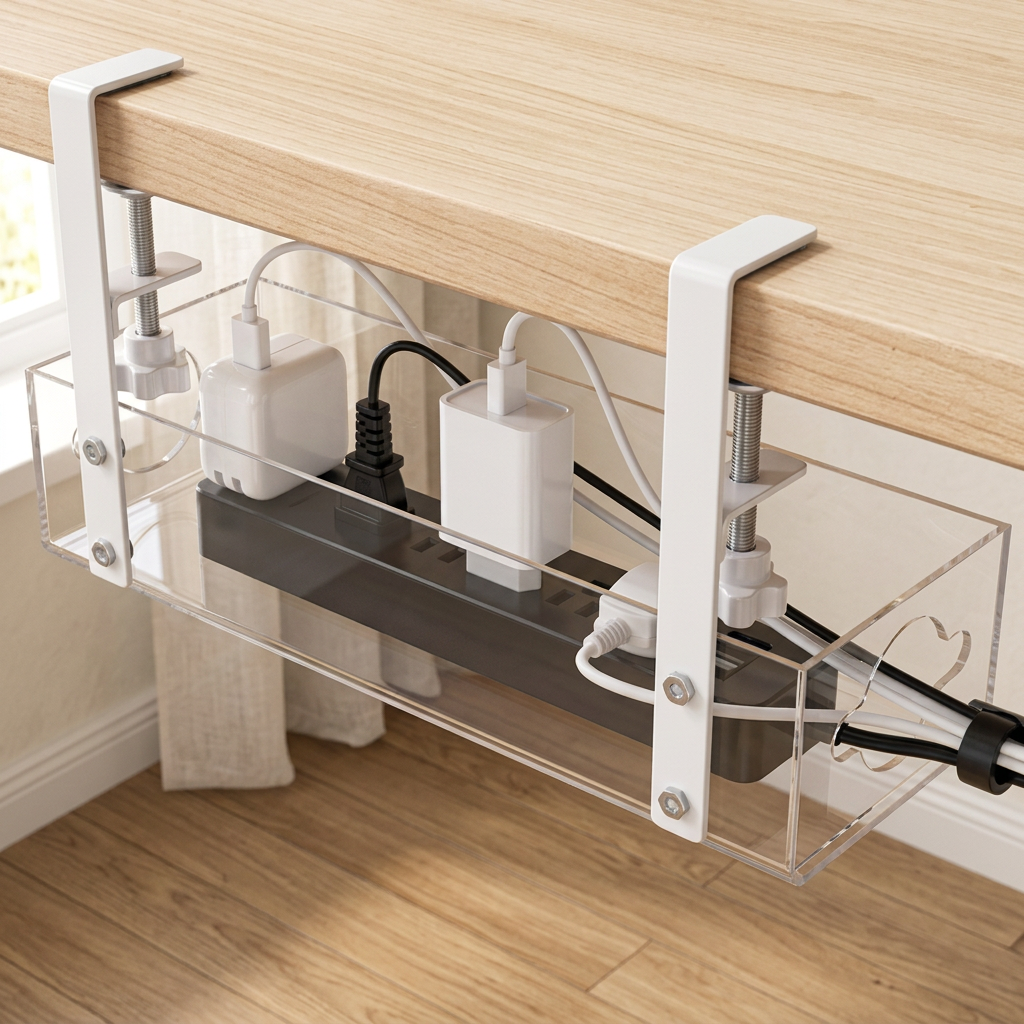 Clear Acrylic Under-Desk Cable Tray with No-Drill Clamps